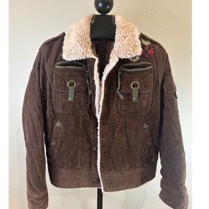 Y2K ASK Enquired Women Brown‎ Corduroy Faux Fur Lined Aviator Jacket Size M